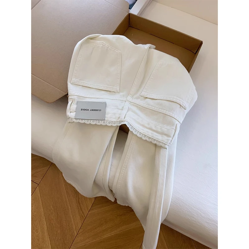 莱赛尔天丝白色蕾丝边高腰直筒牛仔春夏宽松显瘦窄版阔腿裤3223