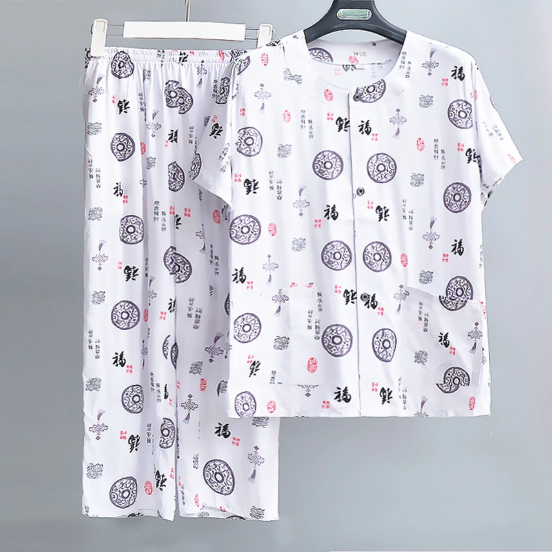 男士棉绸套装棉绸人造棉中老年短袖开衫夏季套装外出睡衣家居服