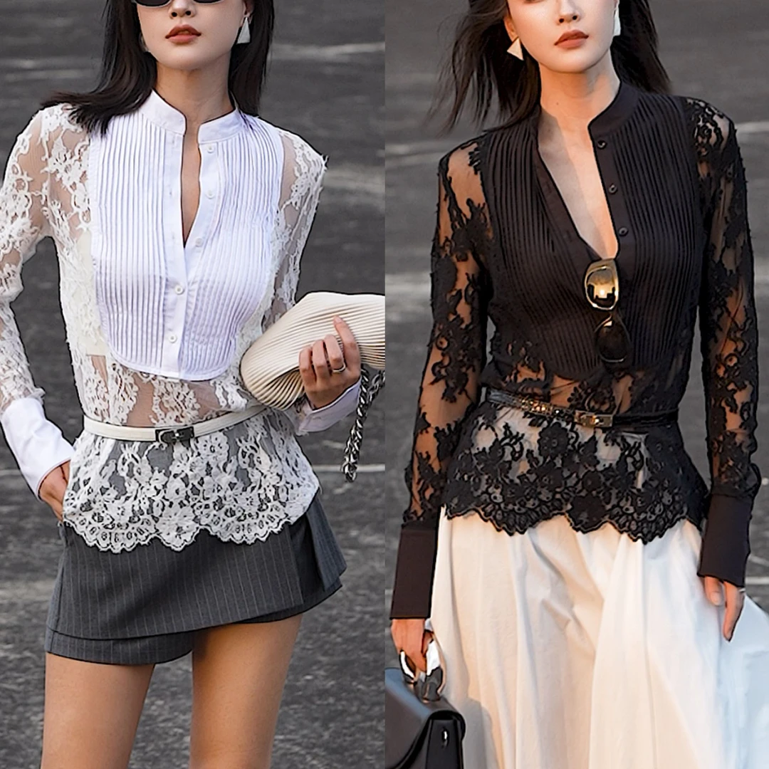 SU YAN 25年夏款小香风气质轻奢名媛拼接镂空圆领蕾丝衬衫 CS004