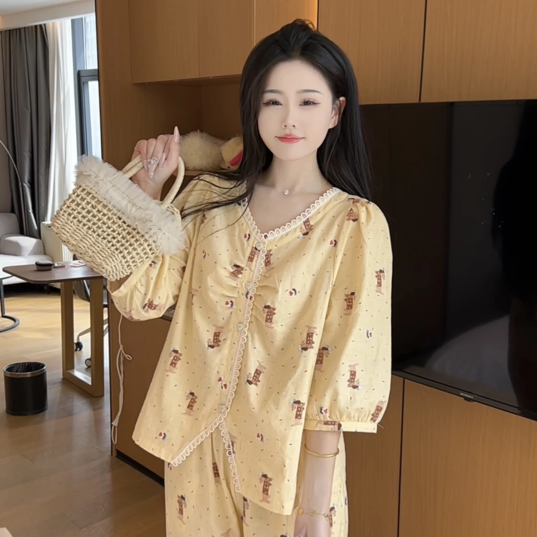 (芝士腊肠)夏季可爱休闲显瘦亲肤纯棉睡衣女家居服可外穿柔软宽松