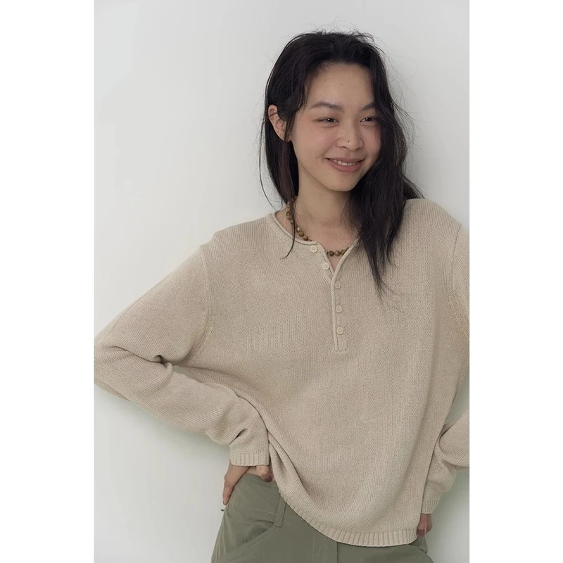 咖色法式防晒针织T恤长袖女秋季正肩罩衫外穿宽松显瘦体恤上衣薄