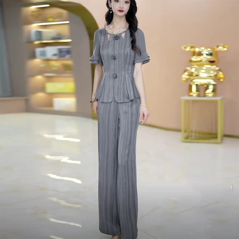 夏季新款爆款时尚优雅气质减龄收腰洋气大气妈妈装轻熟风时尚套装