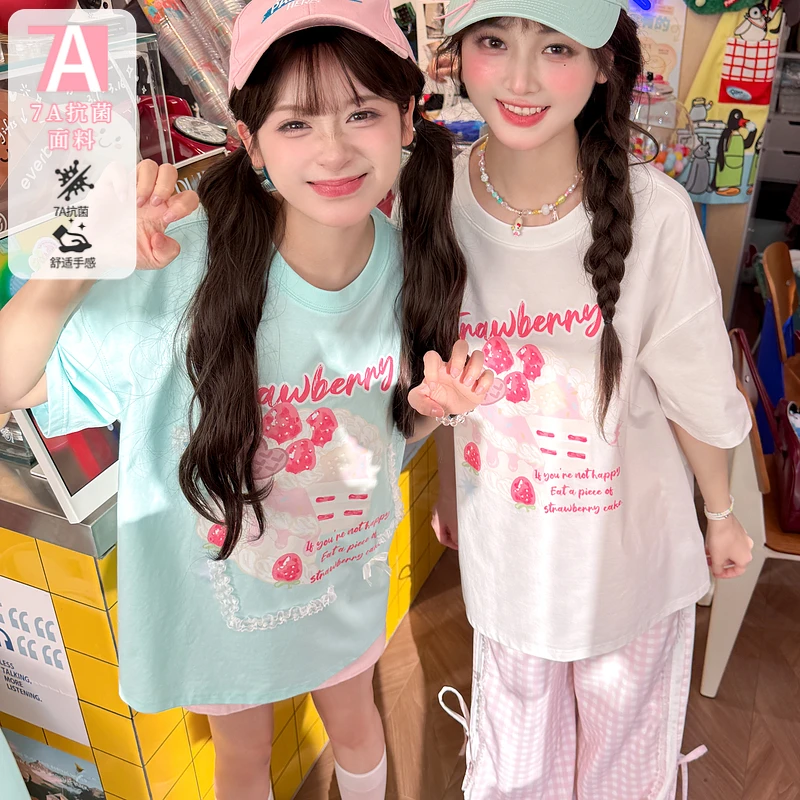 森女部落原创蛋糕印花圆领蕾丝花边拼接抗菌T恤夏短袖女上衣宽松