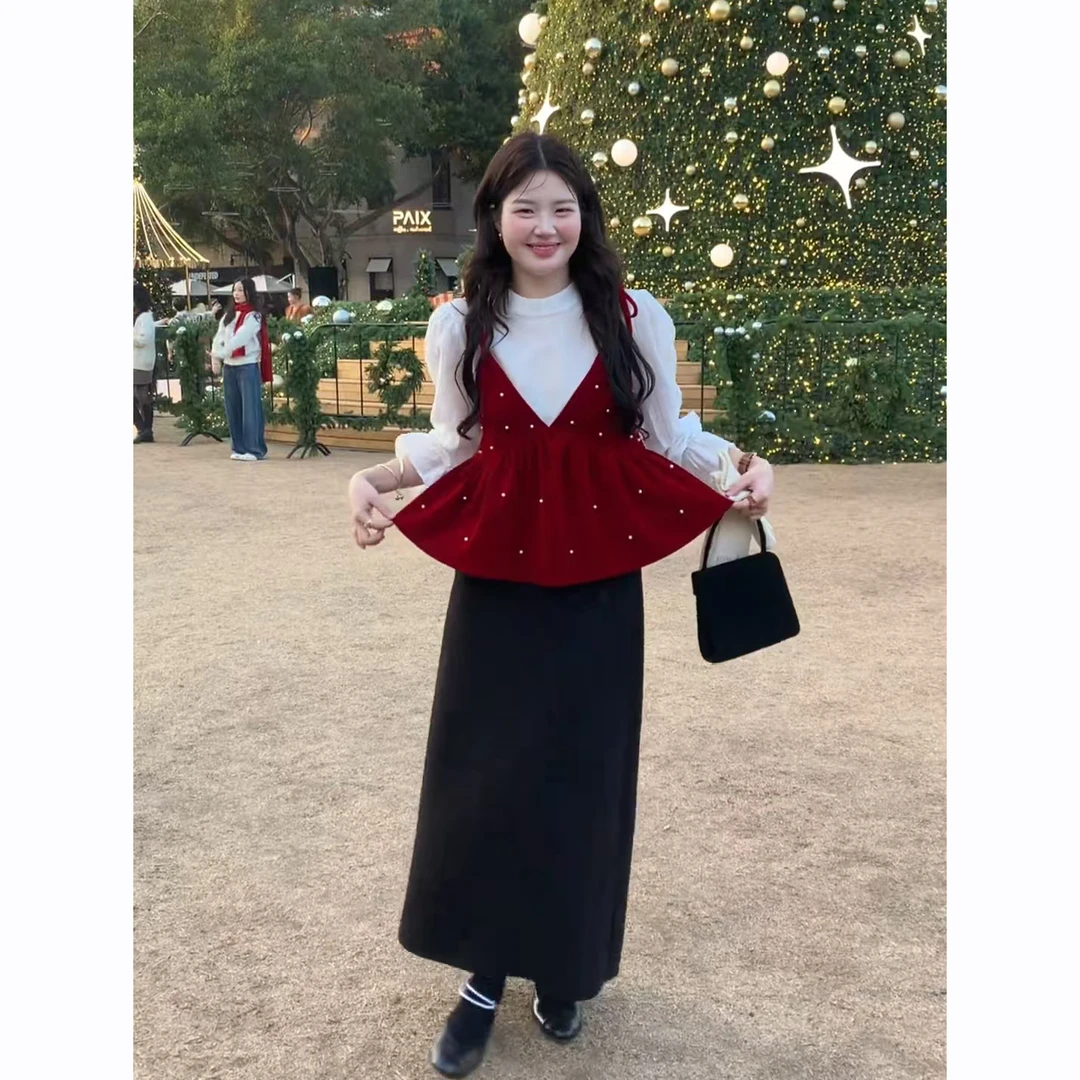 2025年圣诞节新年穿搭韩系百搭长袖上衣波点吊带高腰半身裙三件套