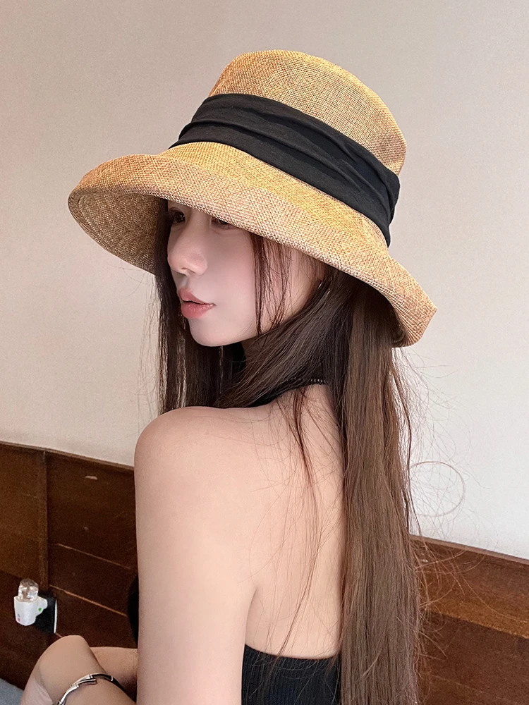 麻料渔夫帽女2025新款夏季薄款大檐草帽显脸小防晒户外透气遮阳帽