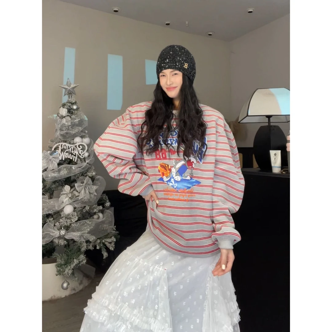 【土豆优选】洋气条纹卡通加绒卫衣