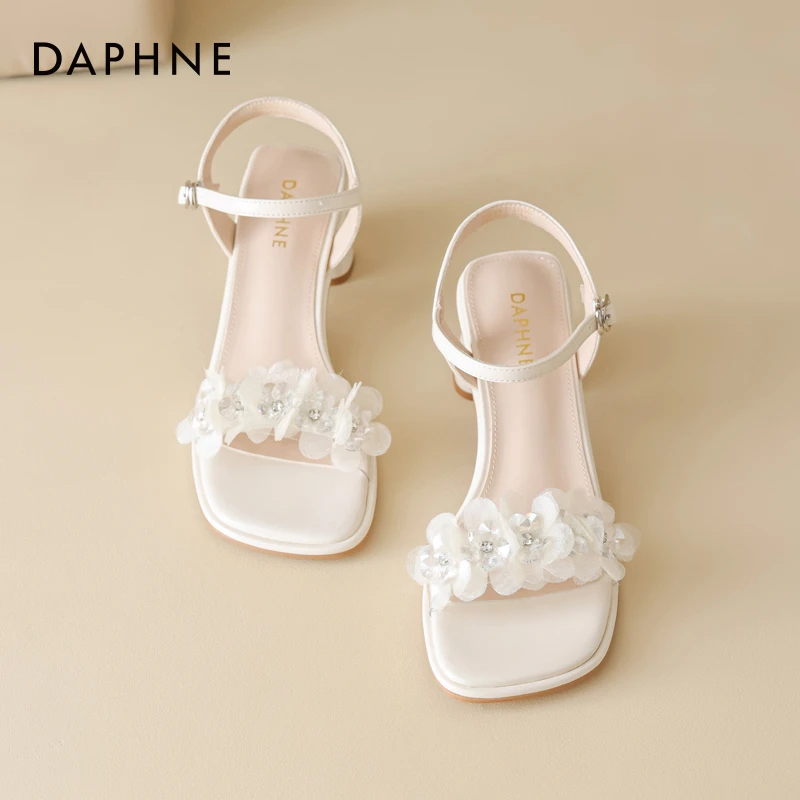 达芙妮凉鞋夏季仙女外穿粗高跟网纱亮片女鞋配裙子露趾一字带鞋子