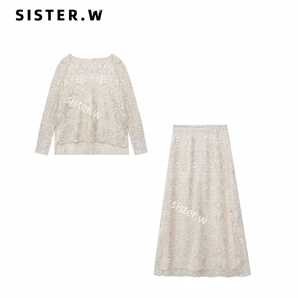 法式圆领烧花工艺套装 上衣+半裙 6067