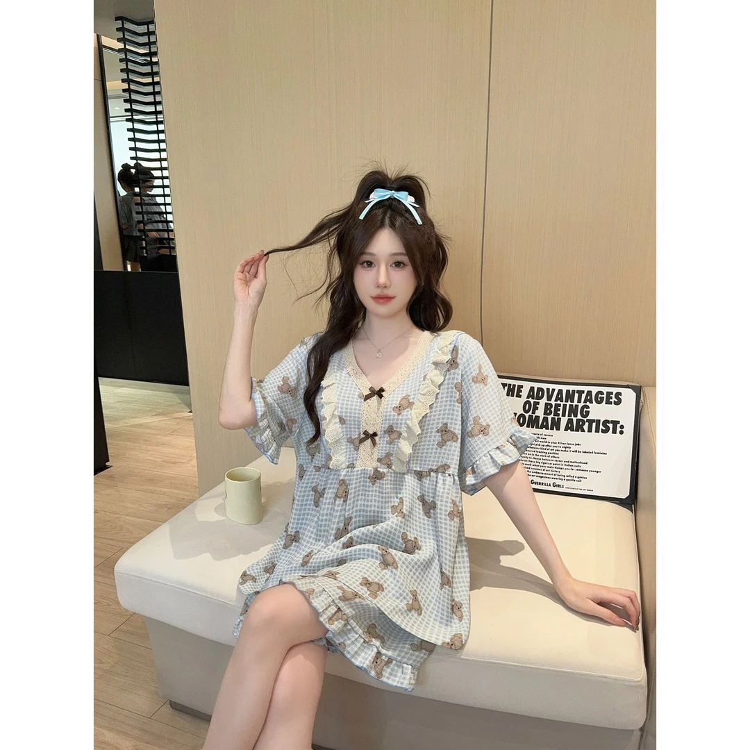 大码蓝格小熊短袖短裤休闲睡衣薄款家居服套装韩版甜美风夏季短裤
