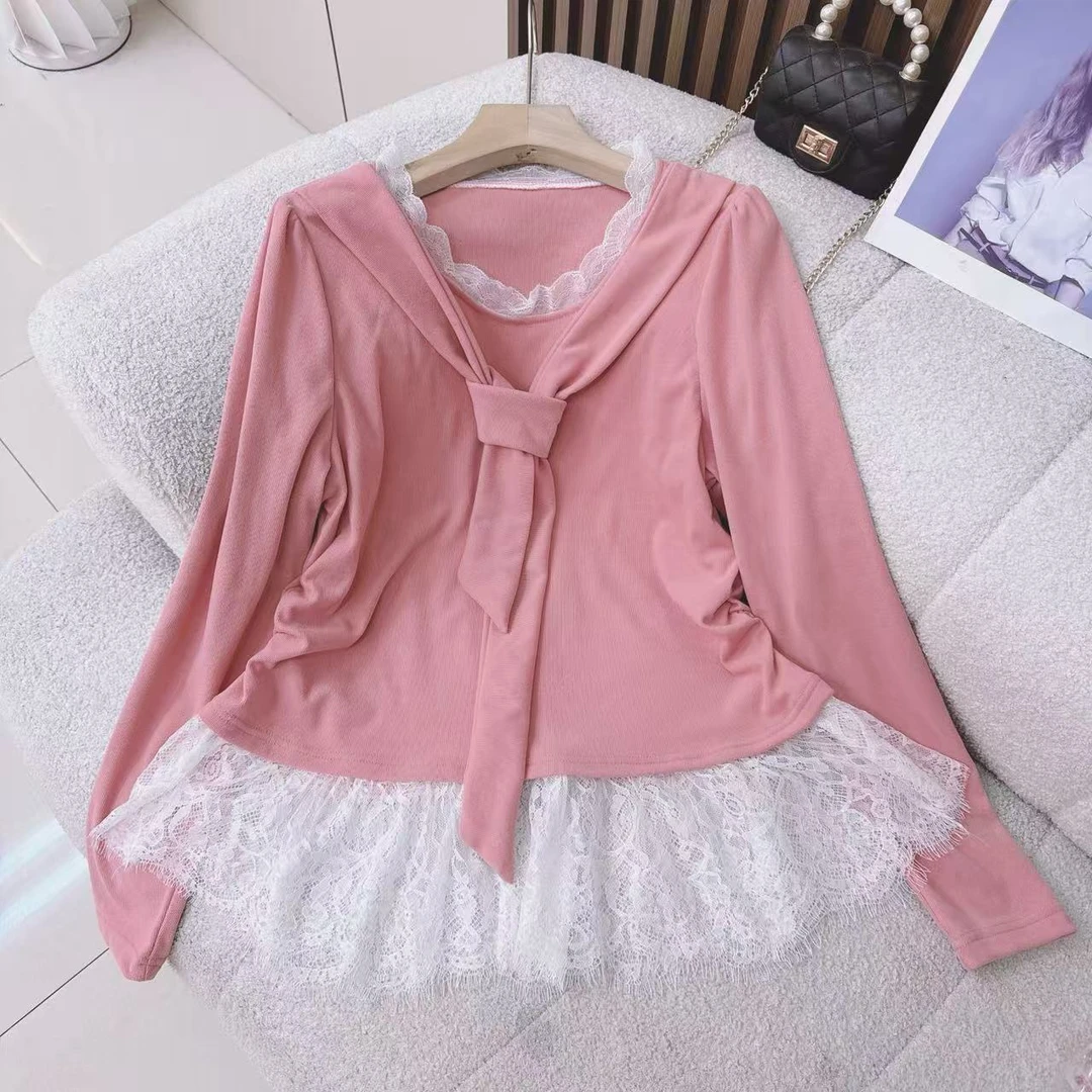 大码蕾丝边圆领系带抽褶下摆长袖磨毛加绒T恤打底秋冬穿搭上衣女