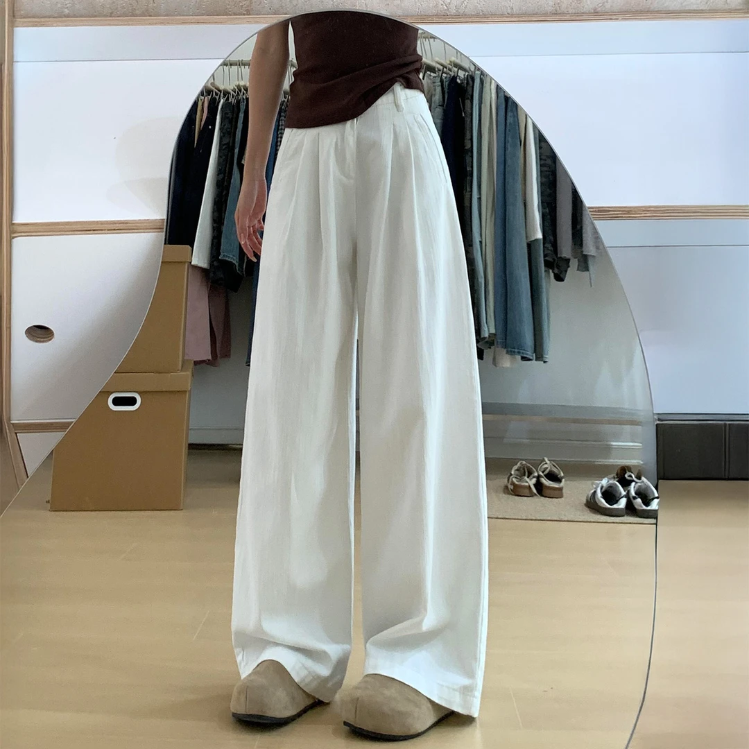 白色冰丝牛仔裤女秋季新款胖妹妹mm宽松显瘦梨形身材阔腿休闲裤子