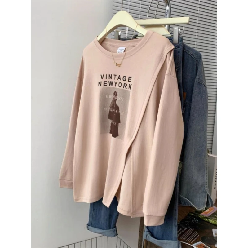 早秋300斤超大码韩式洋气字母长袖T恤男女款慵懒下摆开叉别致上衣