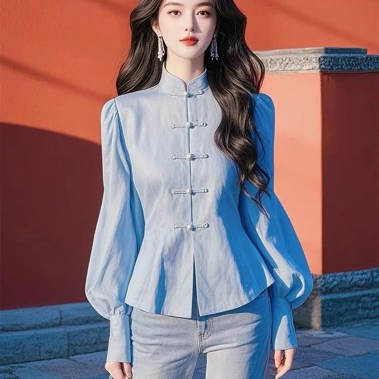 蓝色高级感新中式设计感长袖衬衫女春季国风衬衣盘扣漂亮独特上衣