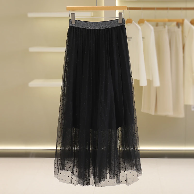 【伍莎-自营】弹力腰波点网纱裙显瘦半身裙#ZYW48E014