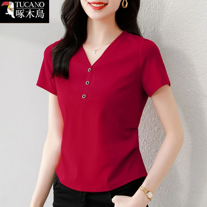 啄木鸟夏季薄款短袖V领T恤2025年新款大码显瘦纯色时尚气质上衣女