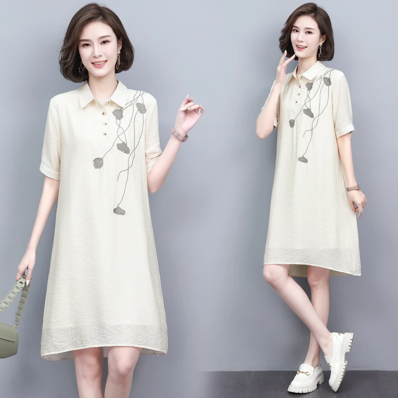 中年妈妈气质短袖夏装连衣裙女2025新款大码宽松显瘦刺绣衬衫裙子