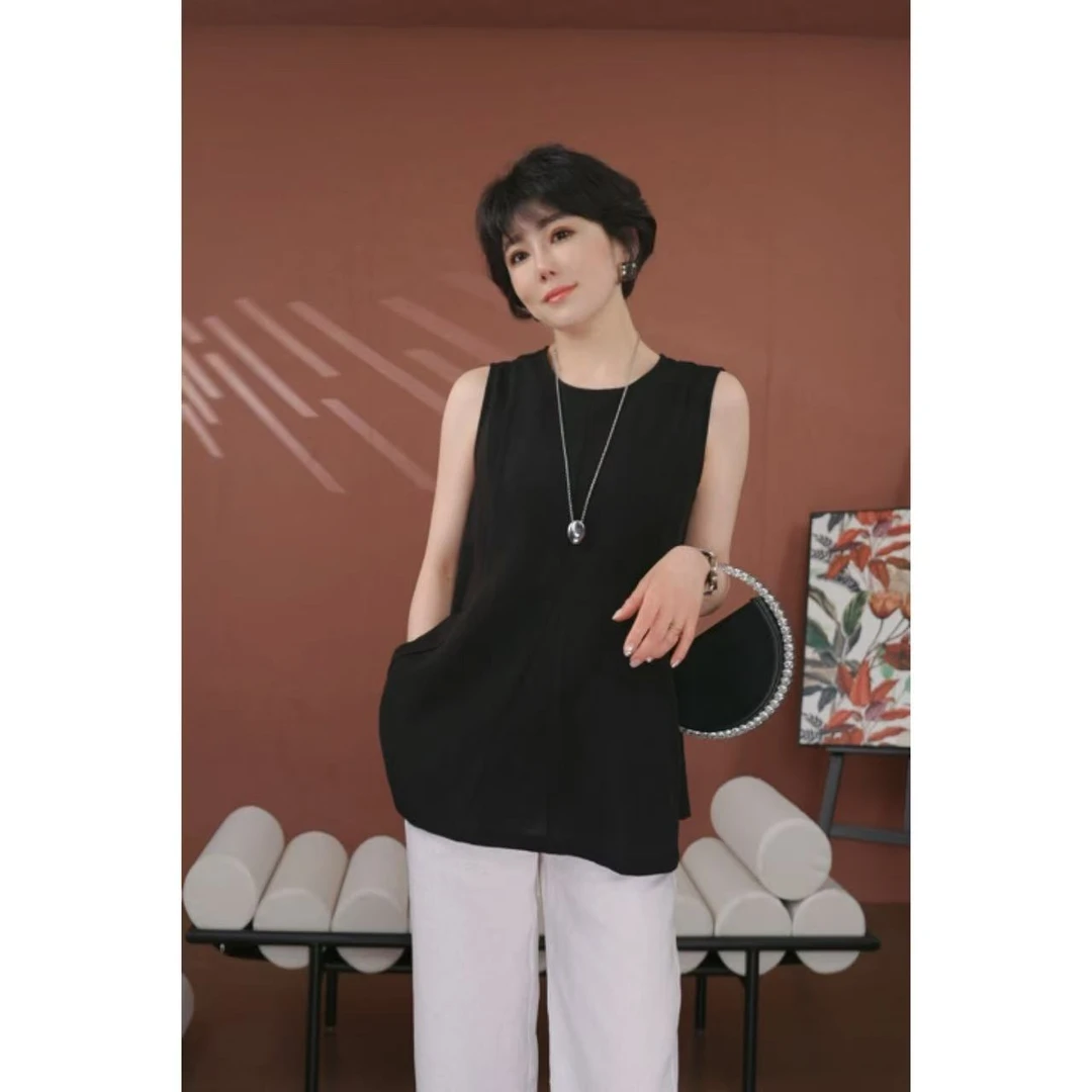 法式纯亚麻衬衫2025夏新款收腰圆领无袖独特上衣TDG004