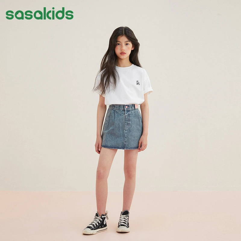sasakids撞色线牛仔短裙子女童春夏款百搭小A半裙（显腿长选我）