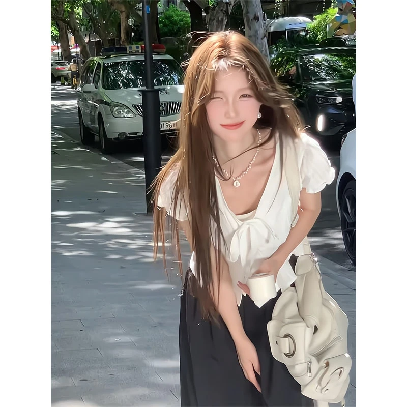 荷叶边泡泡短袖t恤套装女2025新款夏季慵懒直筒宽松休闲裤两件套