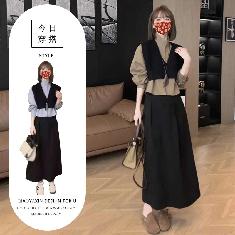 一整套韩系秋季穿搭时尚减龄叠穿针织马甲条纹衬衫半身裙三件套女