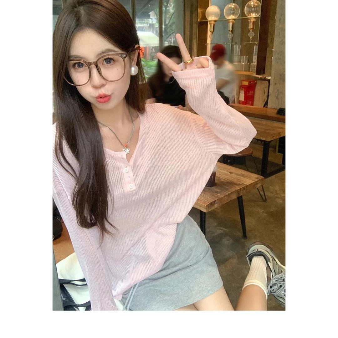纯欲风薄款露背宽松长袖上衣女半身短裙针织套装外穿粉色罩衫T恤
