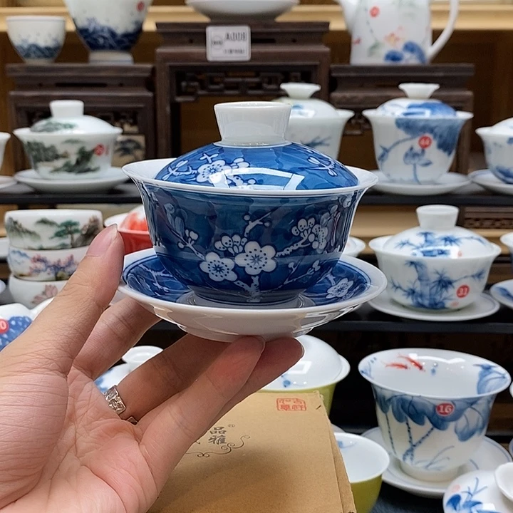 手绘冰梅150cc盖碗三才釉下彩微瑕福利款