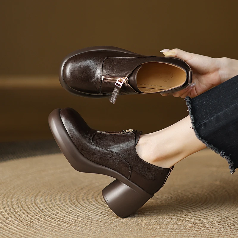 菓苒7cm粗跟高跟乐福鞋春秋小皮鞋女英伦风复古棕色厚底单鞋真皮