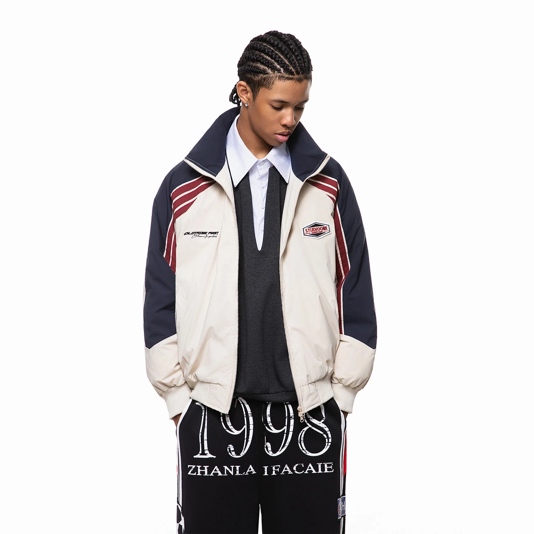 Trend st复古撞色条纹加厚外套男女冬季美式宽松保暖学生运动棉服