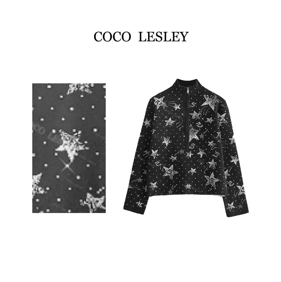 星星数字重工烫钻半高领拉链外套毛衣KS841