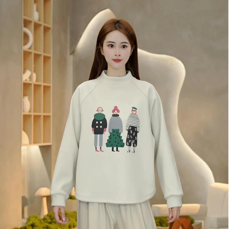 6647 秋冬新款纳米绒卡通人印花卫衣时尚宽松圆领百搭休闲上衣