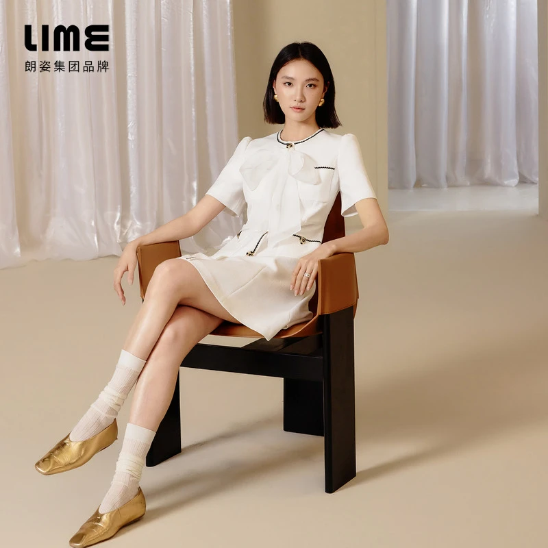 LIME/莱茵【海盐初夏】夏季蝴蝶结收腰千金连衣裙白色LDGB3AWOP804