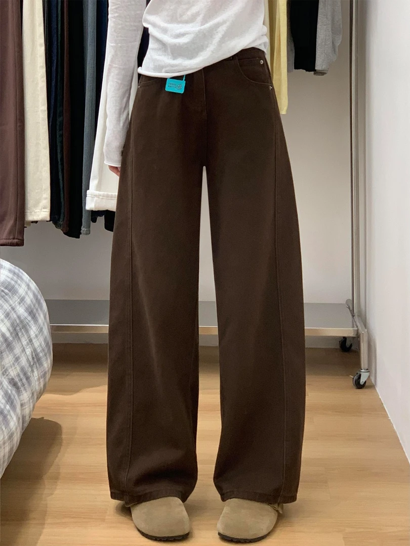 咖色阔腿牛仔裤女秋冬胖妹妹梨型身材mm高腰宽松显瘦弯刀裤子