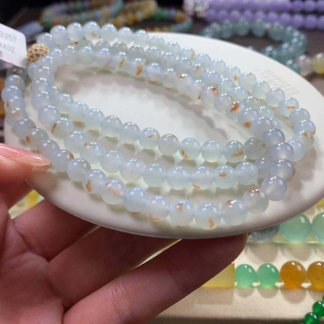 翡翠手链未镶嵌胶润牛奶底飘红翡卡6.5