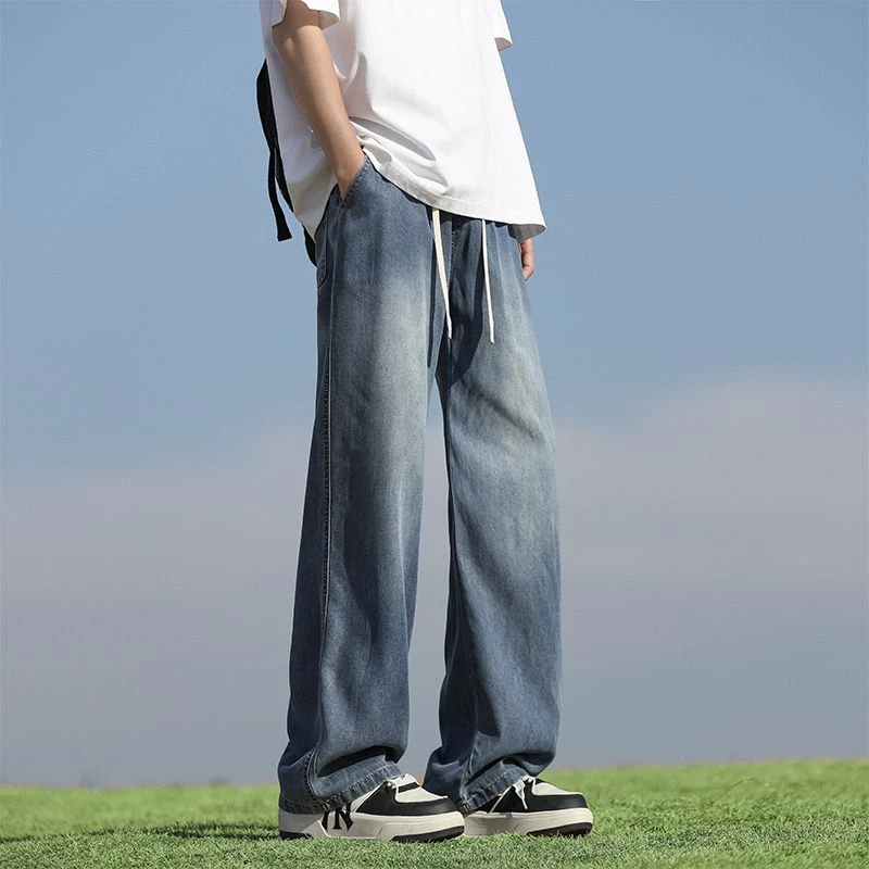 微弹立体剪裁长裤水洗薄款牛仔裤百搭阔腿裤ins