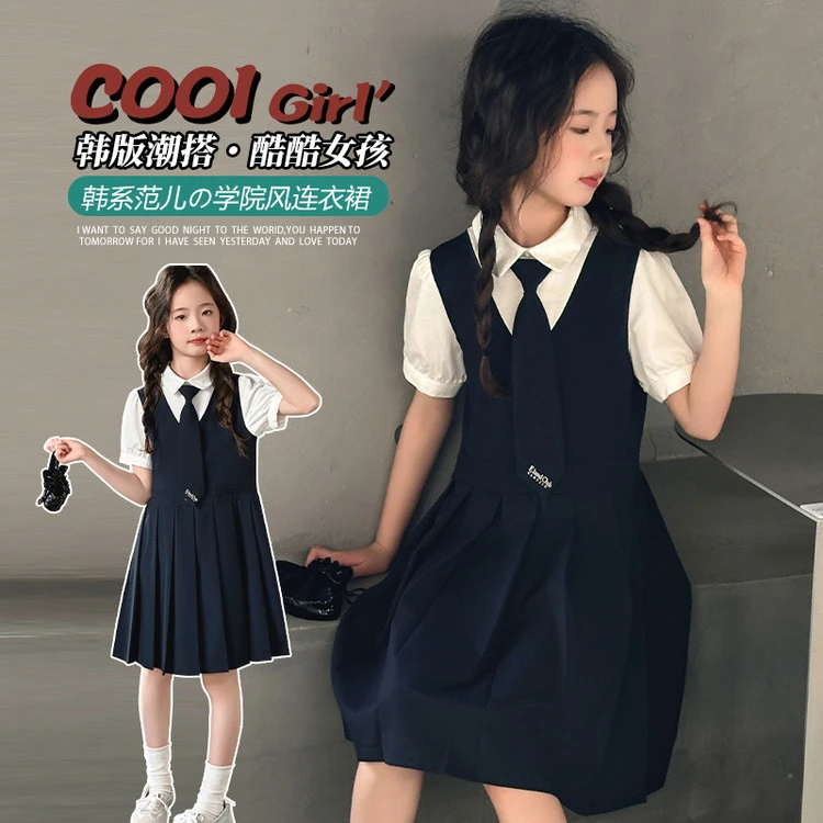 巴拉夏装2025新款女童学院风百褶裙套装适合中大童夏季穿着连衣裙