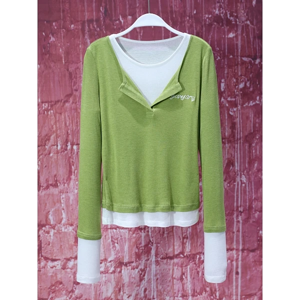 【子秋女装】2025欧货设计师秋葵绿刺绣皮肤衣长袖衫8203