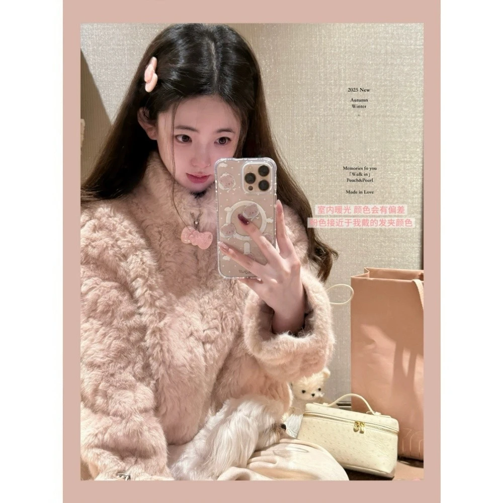 小熊冬日walk” 日常通勤保暖环保皮毛一体外套女冬立领毛毛上衣