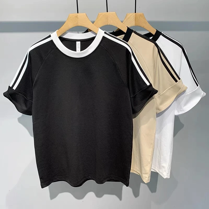 拼接撞色擦肩袖短袖T恤男宽松休闲半袖体恤