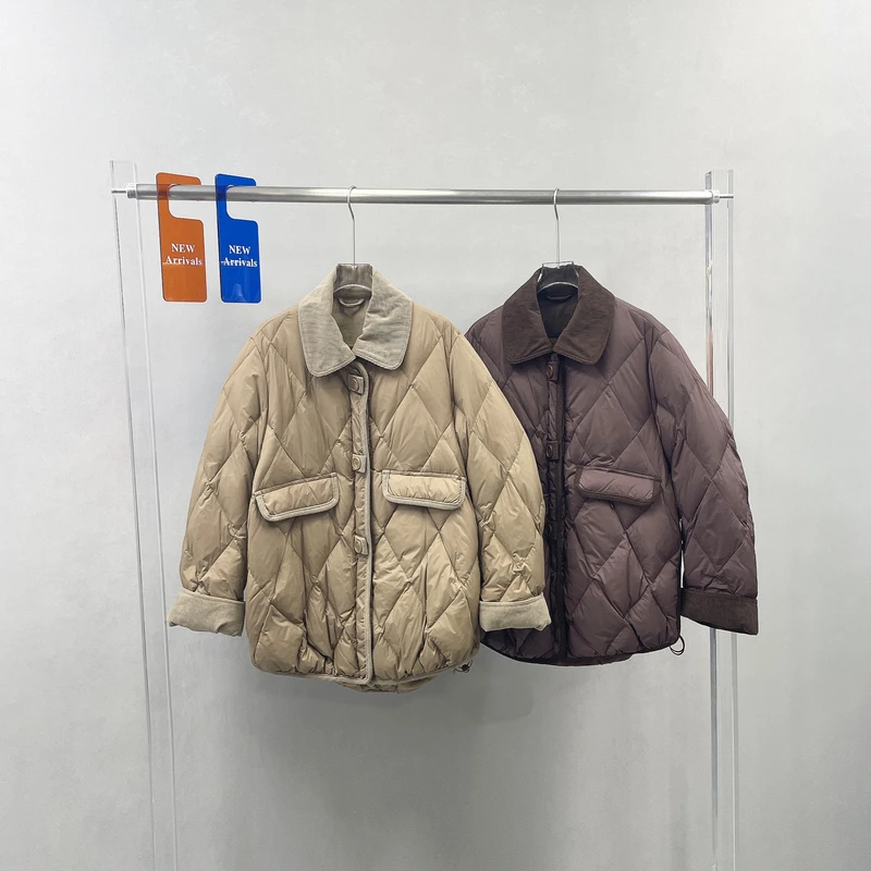 韩范儿过臀羽绒服女灯芯绒翻领2024冬季气质保暖时尚洋气显瘦外套
