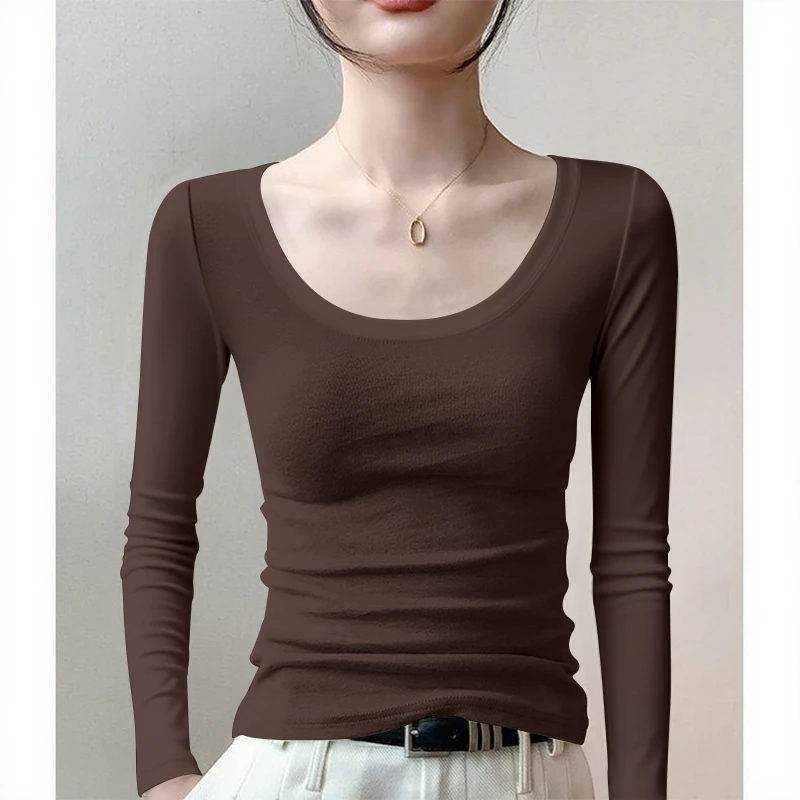 2025莫代尔打底衫女秋冬爆款内搭U领长袖t恤修身显瘦弹力百搭上衣