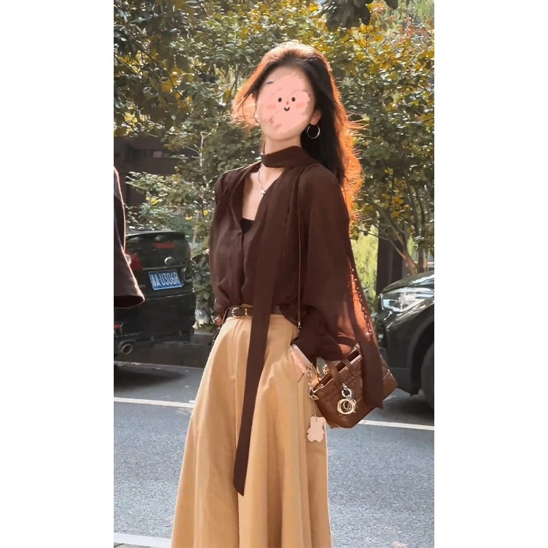 2025早秋新款女韩系穿搭修身V领飘带长袖上衣气质高腰显瘦半身裙