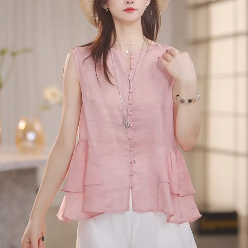 2025夏季新款女粉色亚麻无袖衬衫时尚减龄遮肚休闲设计感别致上衣