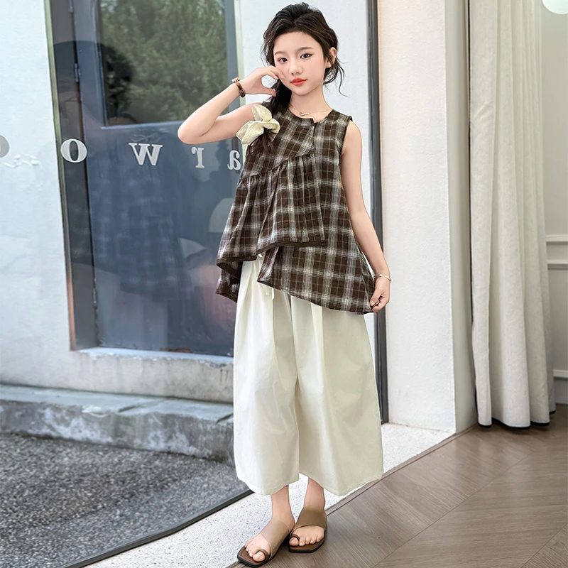 2025夏季新款女童中大童时尚格子无袖上衣裤子套装女大童休闲套装