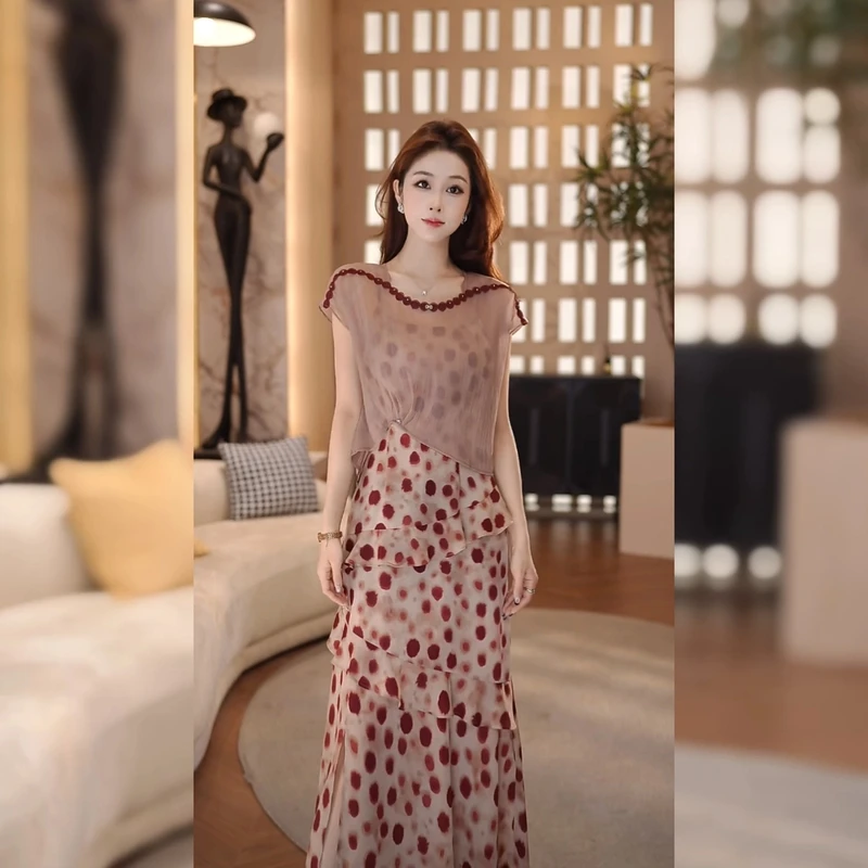 【套装裙】时尚红烨新款波点罩衫两件套气质高腰显瘦遮肉连衣裙套装