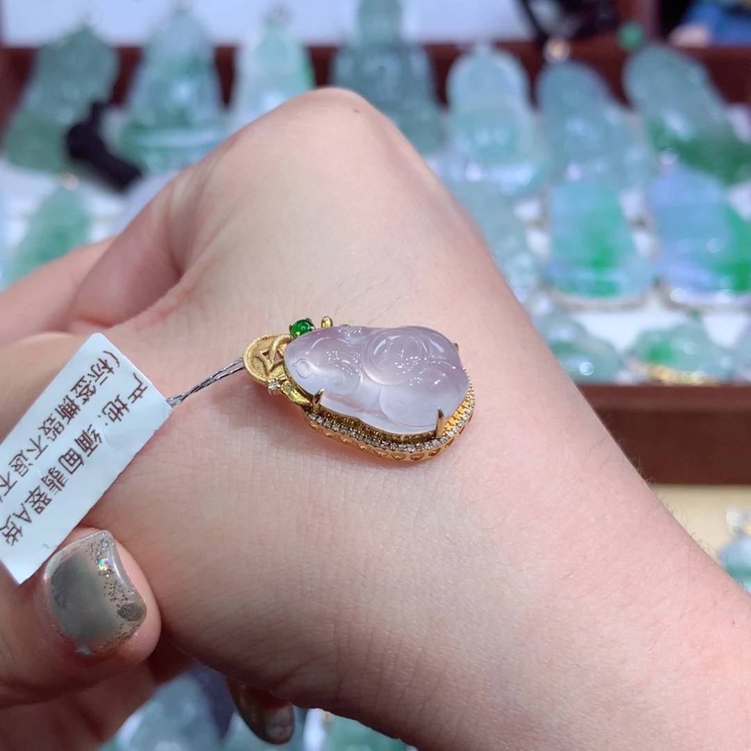 吊坠(不含链)18K金镶嵌翡翠天然缅A翡翠揭阳工鼠来宝金钱鼠