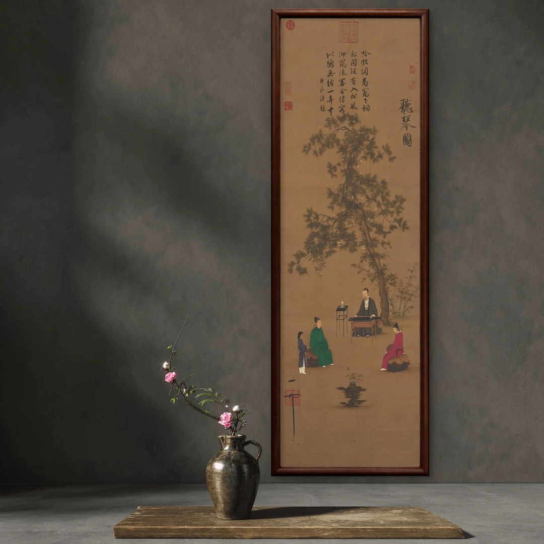 9928-40*120听琴图中式装饰画实木框玄关书房茶室客厅挂画