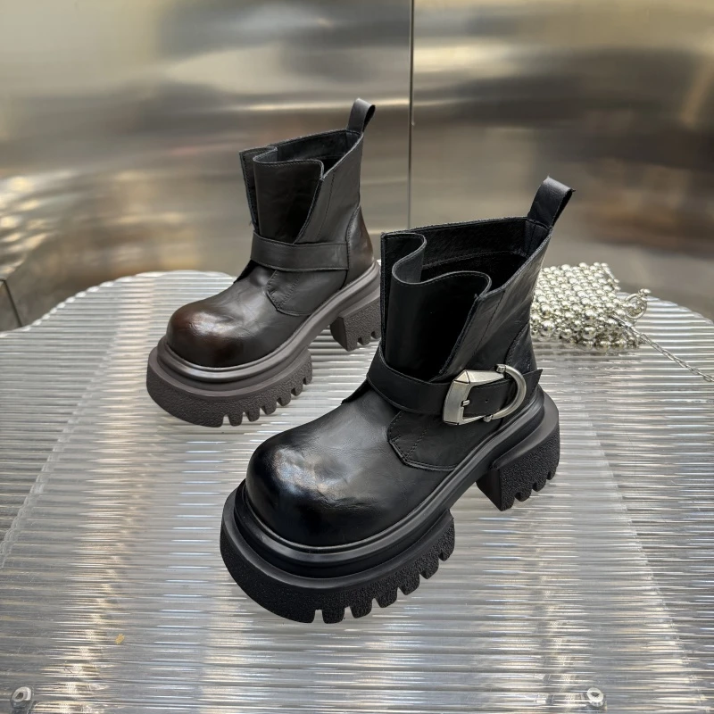 英伦风厚底马丁靴2025秋冬季新款厚底增高真皮小短靴女鞋6219-17