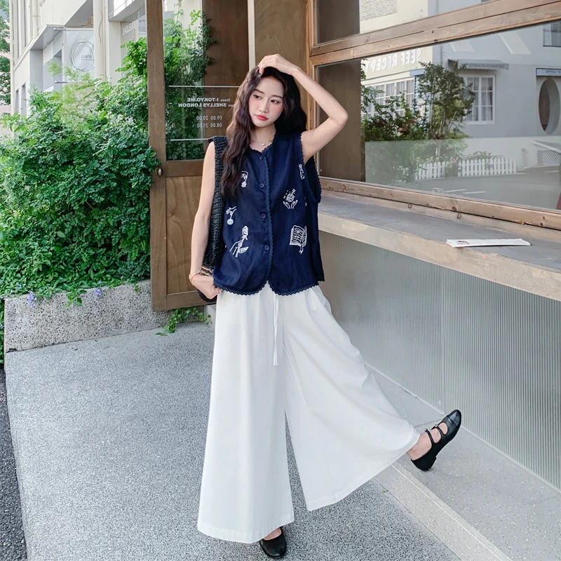 甜酷风绣花马甲阔腿裤套装2025女夏新款可盐可甜显瘦松弛感两件套