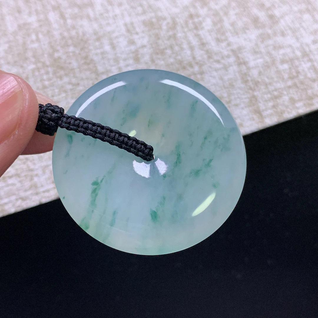 缅甸天然A货翡翠冰种胶润飘绿花怀古平安扣吊坠38.4x5.8