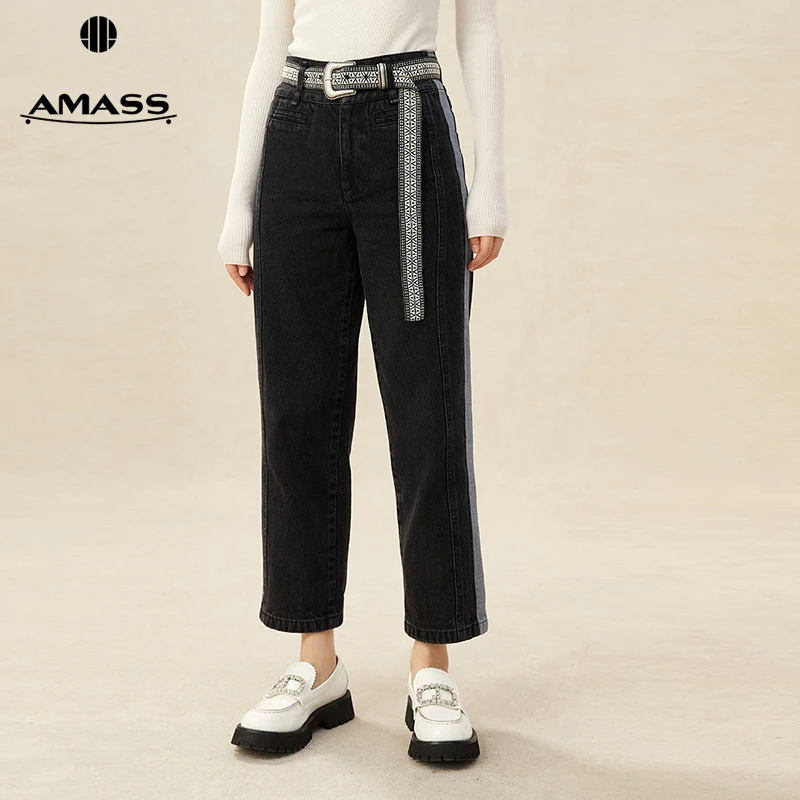 阿玛施AMASS新款女装百搭显瘦高街牛仔裤直筒九分裤附腰带5100411